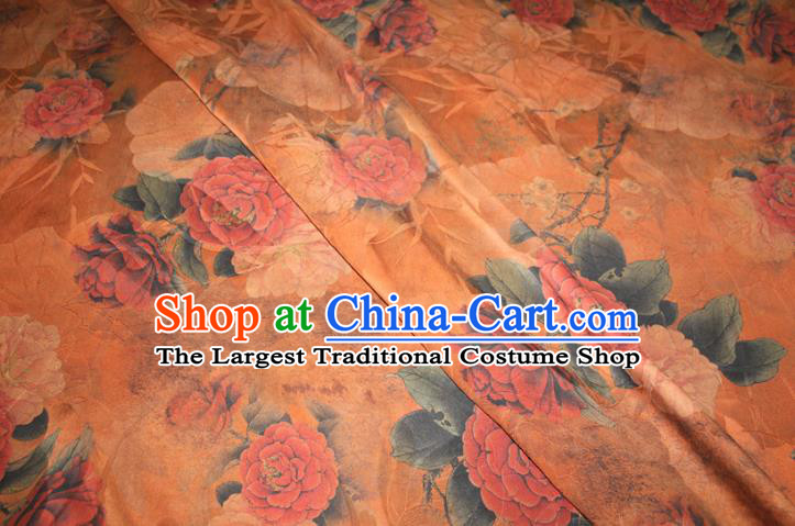 Chinese Traditional Cheongsam Gambiered Guangdong Gauze Silk Fabric Classical Peony Pattern Orange Silk Drapery