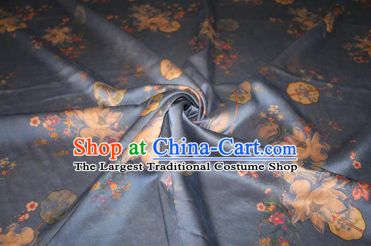 Chinese Cheongsam Navy Gambiered Guangdong Gauze Classical Lotus Fan Pattern Silk Drapery Traditional Fabric