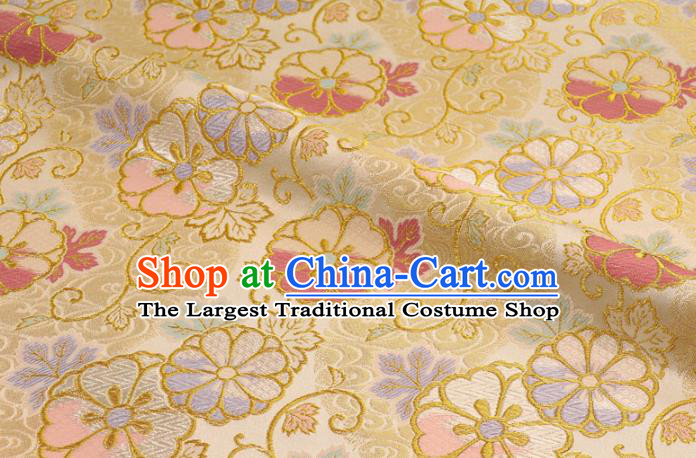 Asian Japanese Yellow Nishijin Tapestry Satin Traditional Sakura Pattern Design Brocade Kimono Cloth Fabric