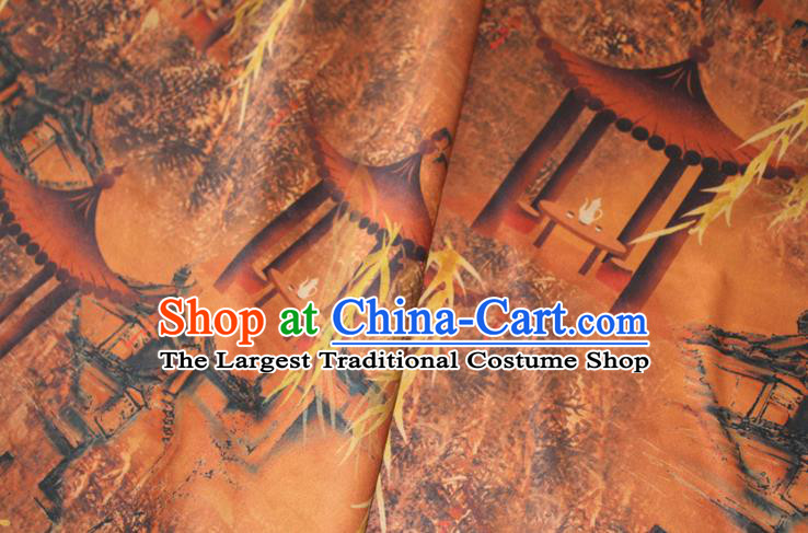 Chinese Classical Lan Pavilion Pattern Silk Drapery Traditional Cheongsam Orange Gambiered Guangdong Gauze Fabric