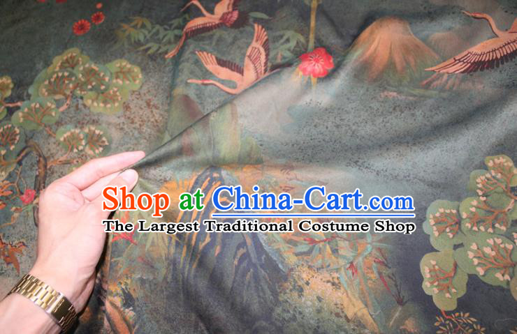 Chinese Classical Pine Cranes Pattern Silk Drapery Deep Green Gambiered Guangdong Gauze Traditional Cheongsam Fabric