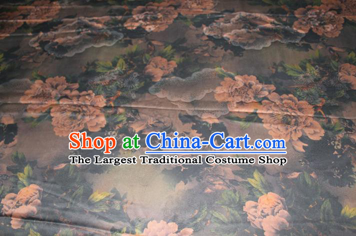 Chinese Traditional Deep Grey Gambiered Guangdong Gauze Cheongsam Satin Fabric Classical Peony Pattern Silk Drapery