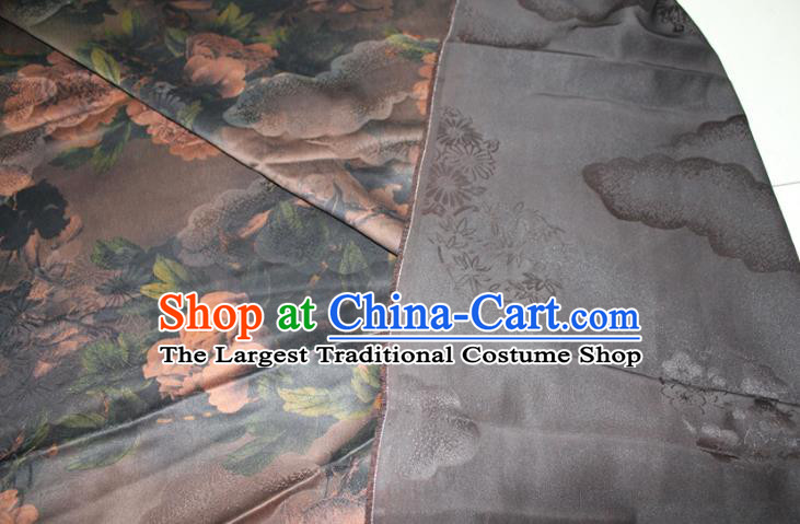 Chinese Traditional Deep Grey Gambiered Guangdong Gauze Cheongsam Satin Fabric Classical Peony Pattern Silk Drapery