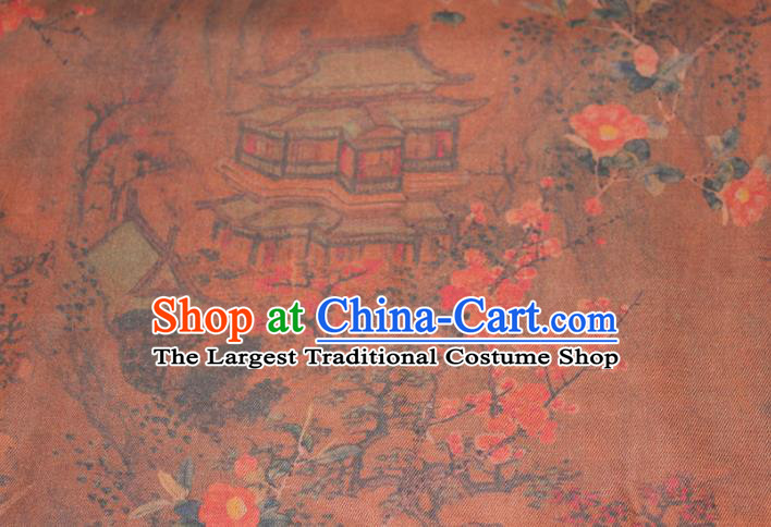 Chinese Traditional Ginger Gambiered Guangdong Gauze Cheongsam Satin Fabric Classical Plum Pavilion Pattern Silk Drapery