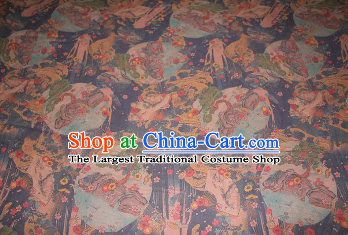 Chinese Traditional Gambiered Guangdong Gauze Cheongsam Satin Fabric Classical Plum Fan Dragon Pattern Navy Silk Drapery