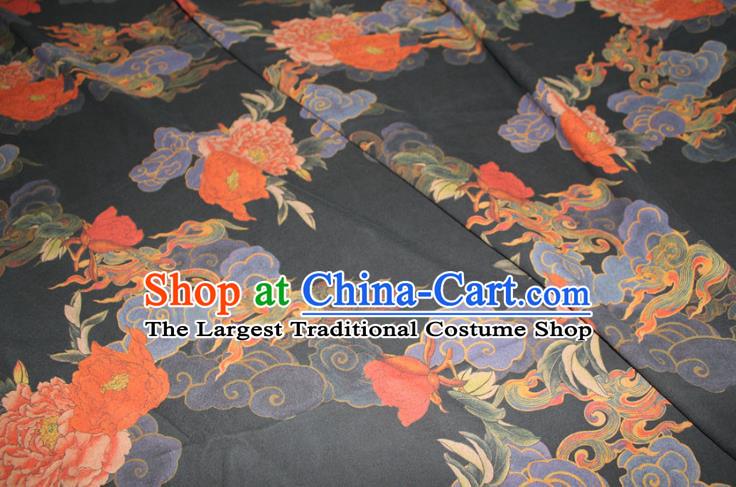 Chinese Traditional Black Gambiered Guangdong Gauze Cheongsam Satin Fabric Classical Cloud Peony Pattern Silk Drapery