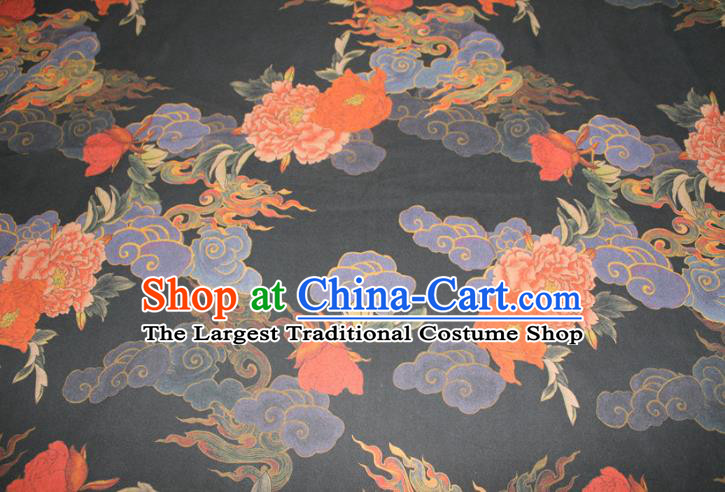 Chinese Traditional Black Gambiered Guangdong Gauze Cheongsam Satin Fabric Classical Cloud Peony Pattern Silk Drapery
