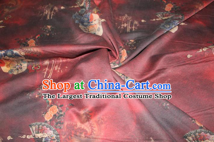 Chinese Traditional Wine Red Gambiered Guangdong Gauze Cheongsam Satin Fabric Classical Roses Pattern Silk Drapery