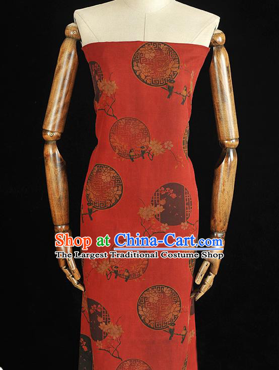 Chinese Classical Window Lattice Pattern Silk Drapery Traditional Gambiered Guangdong Gauze Cheongsam Red Satin Fabric
