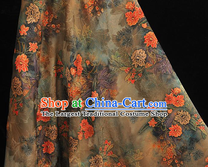 Chinese Classical Flowers Pattern Silk Drapery Traditional Gambiered Guangdong Gauze Cheongsam Light Green Satin Fabric