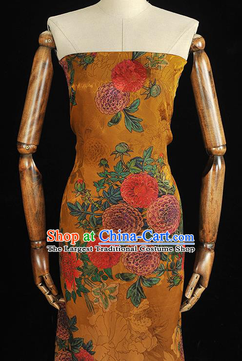 Chinese Classical Chrysanthemum Pattern Silk Drapery Traditional Gambiered Guangdong Gauze Cheongsam Golden Jacquard Satin Fabric
