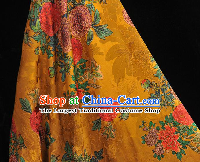 Chinese Classical Chrysanthemum Pattern Silk Drapery Traditional Gambiered Guangdong Gauze Cheongsam Golden Jacquard Satin Fabric
