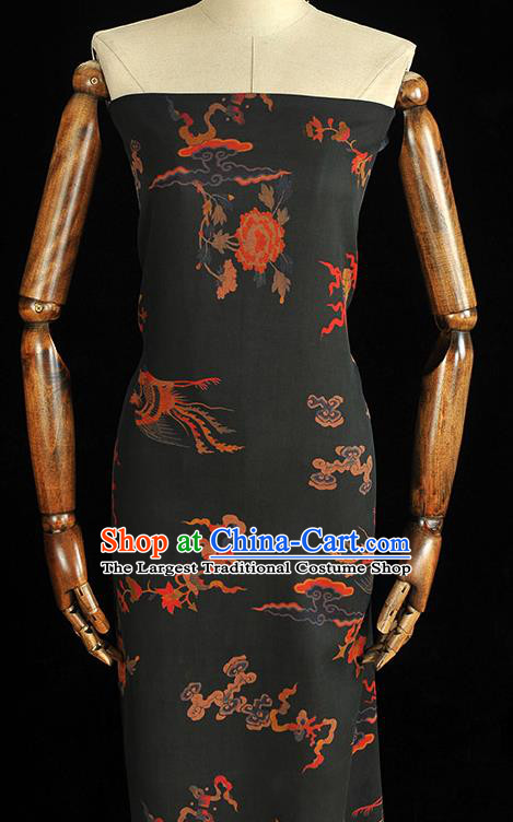 Chinese Classical Phoenix Peony Pattern Silk Drapery Traditional Gambiered Guangdong Gauze Cheongsam Black Silk Fabric