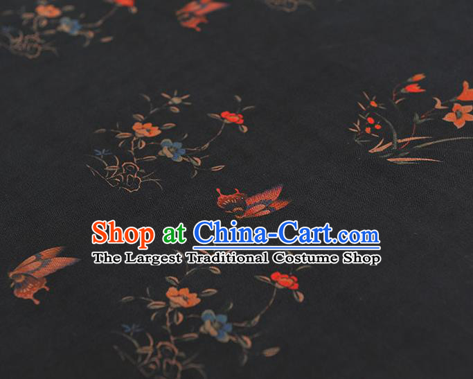 Chinese Black Gambiered Guangdong Gauze Traditional Cheongsam Silk Fabric Classical Orchids Pattern Silk Drapery