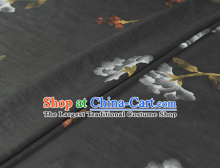 Chinese Cheongsam Black Satin Fabric Traditional Gambiered Guangdong Gauze Classical Frottage Flowers Pattern Silk Drapery