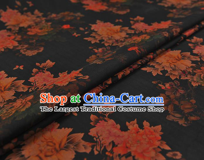 Chinese Cheongsam Black Silk Fabric Classical Peony Pattern Gambiered Guangdong Gauze Traditional Silk Drapery