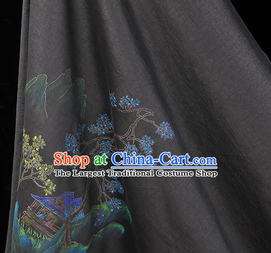 China Classical Printing Pavilion Pattern Silk Fabric Traditional Cheongsam Cloth Black Jacquard Satin