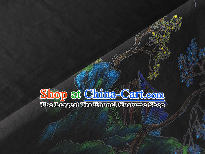 China Classical Printing Pavilion Pattern Silk Fabric Traditional Cheongsam Cloth Black Jacquard Satin