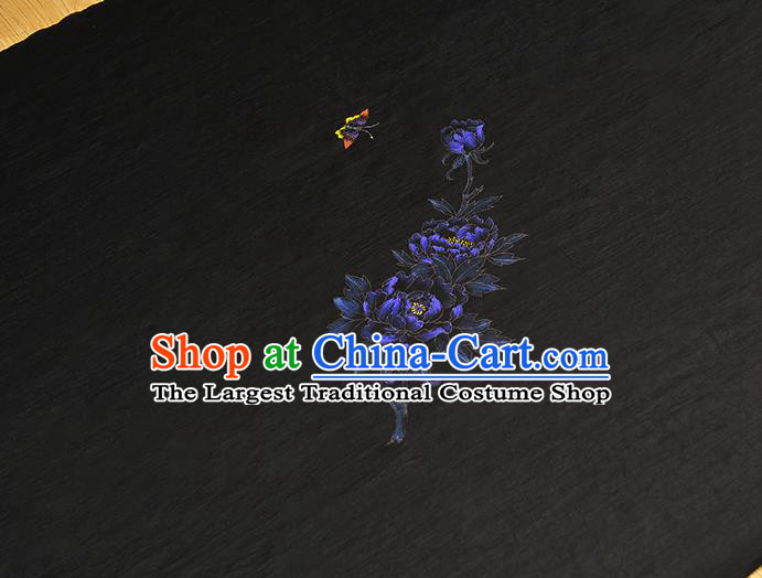 China Jacquard Satin Traditional Classical Printing Peony Butterfly Pattern Black Silk Fabric Cheongsam Cloth