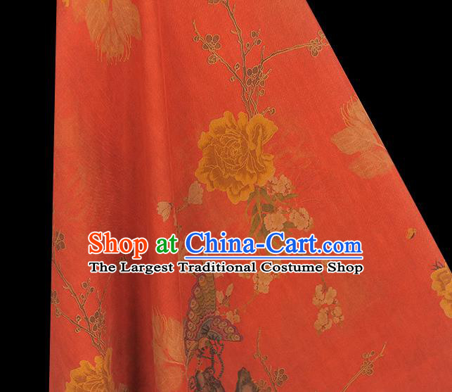 Chinese Traditional Red Silk Drapery Cheongsam Cloth Fabric Classical Peony Butterfly Pattern Gambiered Guangdong Gauze