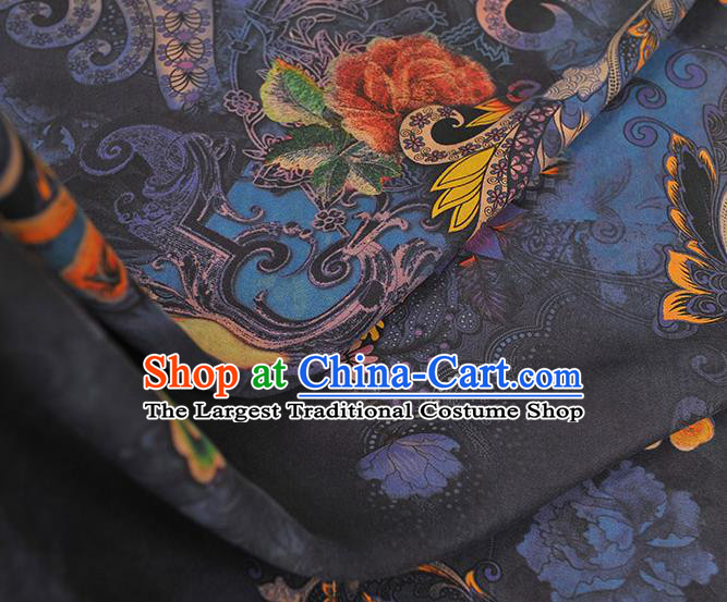 Chinese Cheongsam Cloth Fabric Traditional Navy Silk Drapery Classical Lotus Pattern Gambiered Guangdong Gauze