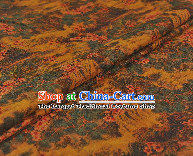Chinese Cheongsam Yellow Cloth Fabric Traditional Silk Drapery Classical Vast Land Pattern Gambiered Guangdong Gauze