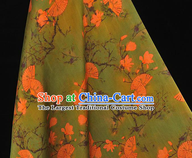 Chinese Traditional Classical Mangnolia Fan Pattern Gambiered Guangdong Gauze Silk Drapery Cheongsam Green Cloth Fabric