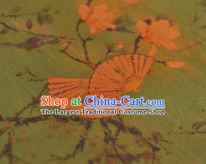 Chinese Traditional Classical Mangnolia Fan Pattern Gambiered Guangdong Gauze Silk Drapery Cheongsam Green Cloth Fabric