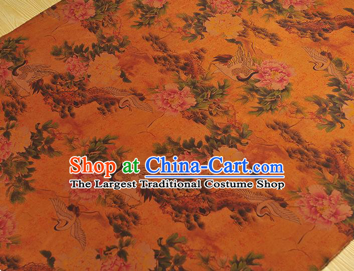Chinese Orange Gambiered Guangdong Gauze Classical Crane Peony Pattern Satin Traditional Silk Drapery Cheongsam Cloth Fabric