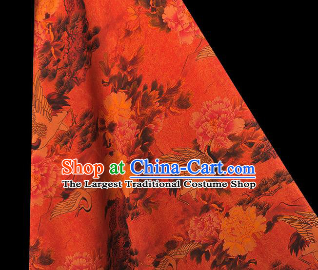 Chinese Red Gambiered Guangdong Gauze Traditional Silk Drapery Cheongsam Cloth Fabric Classical Crane Peony Pattern Satin