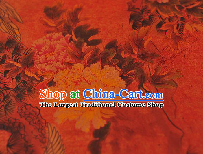 Chinese Red Gambiered Guangdong Gauze Traditional Silk Drapery Cheongsam Cloth Fabric Classical Crane Peony Pattern Satin