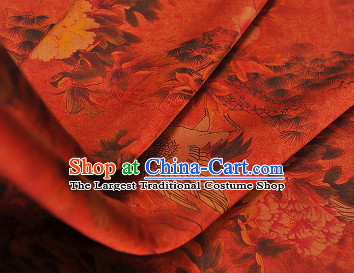 Chinese Red Gambiered Guangdong Gauze Traditional Silk Drapery Cheongsam Cloth Fabric Classical Crane Peony Pattern Satin