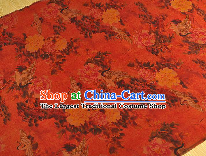 Chinese Red Gambiered Guangdong Gauze Traditional Silk Drapery Cheongsam Cloth Fabric Classical Crane Peony Pattern Satin