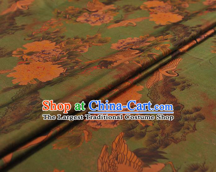 Chinese Green Gambiered Guangdong Gauze Cheongsam Cloth Fabric Classical Crane Peony Pattern Satin Traditional Silk Drapery