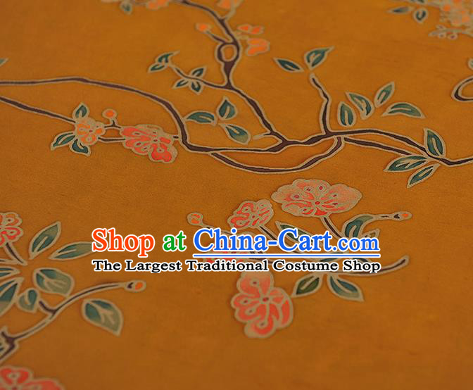 Chinese Yellow Gambiered Guangdong Gauze Classical Peach Blossom Pattern Satin Traditional Silk Drapery Cheongsam Cloth Fabric