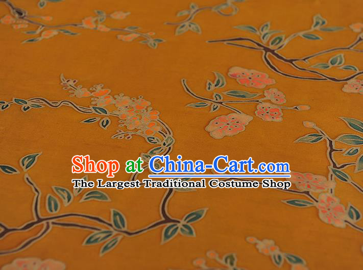 Chinese Yellow Gambiered Guangdong Gauze Classical Peach Blossom Pattern Satin Traditional Silk Drapery Cheongsam Cloth Fabric