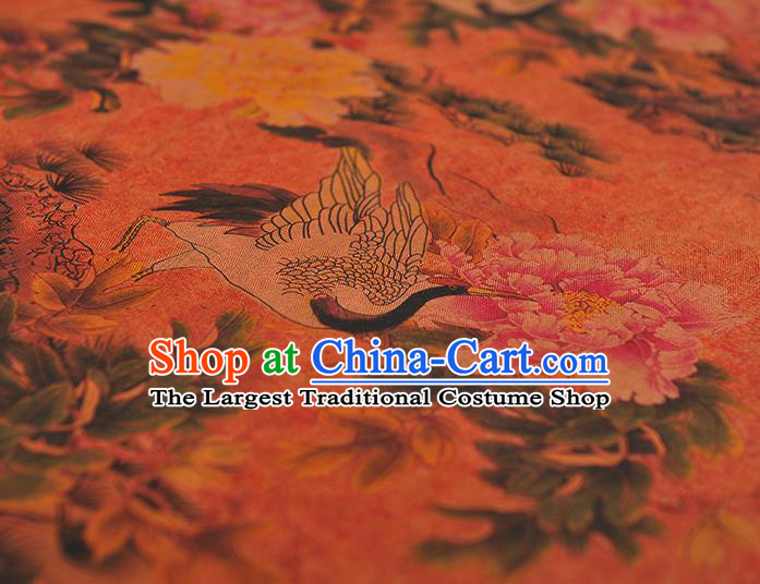 Chinese Traditional Red Silk Drapery Classical Crane Peony Pattern Satin Gambiered Guangdong Gauze Cheongsam Cloth Fabric