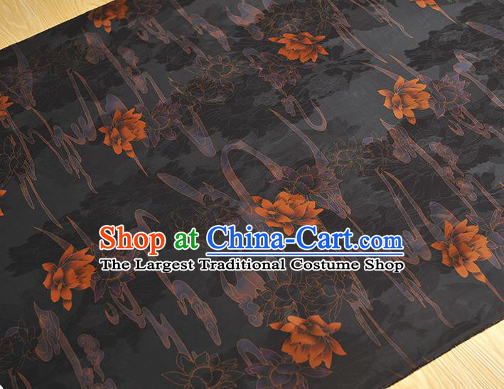 Chinese Traditional Cheongsam Cloth Silk Fabric Classical Lotus Pattern Black Jacquard Satin Gambiered Guangdong Gauze
