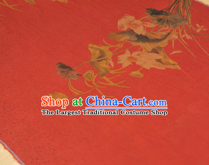 Chinese Traditional Cheongsam Cloth Silk Fabric Classical Lotus Pattern Jacquard Satin Red Gambiered Guangdong Gauze