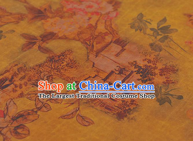 Chinese Yellow Silk Fabric Traditional Cheongsam Cloth Classical Peach Blossom Pattern Gambiered Guangdong Gauze