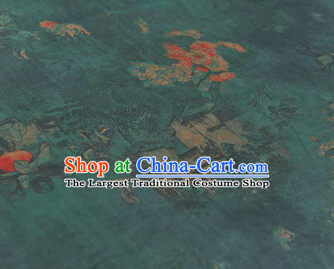 Chinese Traditional Gambiered Guangdong Gauze Cheongsam Cloth Classical Peach Blossom Pattern Atrovirens Silk Fabric