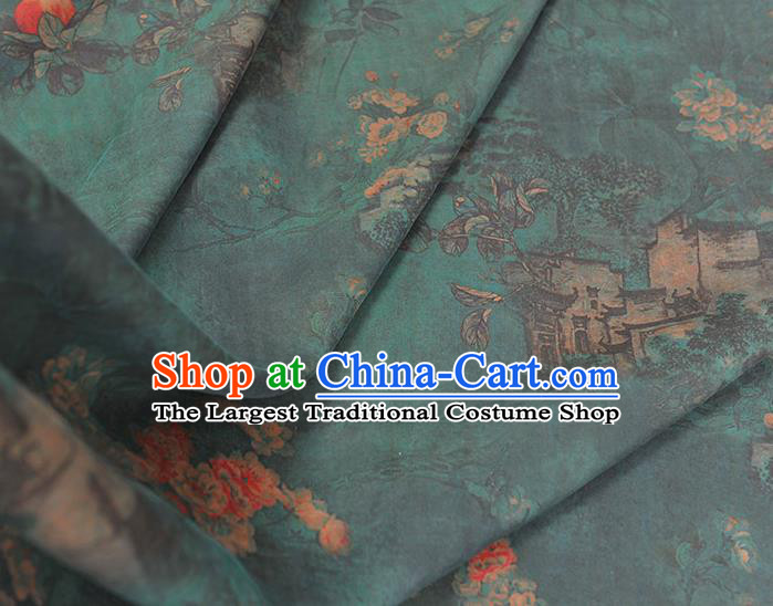 Chinese Traditional Gambiered Guangdong Gauze Cheongsam Cloth Classical Peach Blossom Pattern Atrovirens Silk Fabric