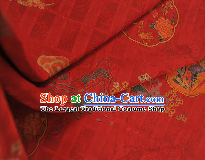 Chinese Traditional Red Gambiered Guangdong Gauze Cheongsam Cloth Classical Bridge Flowers Pattern Silk Fabric
