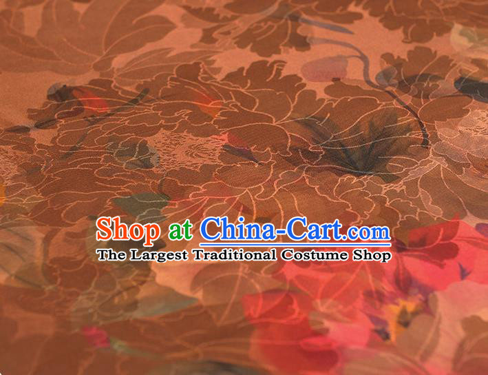 Chinese Classical Flowers Pattern Silk Fabric Traditional Gambiered Guangdong Gauze Brown Satin Cheongsam Cloth