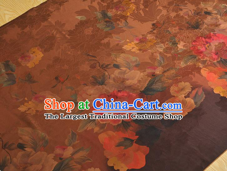 Chinese Classical Flowers Pattern Silk Fabric Traditional Gambiered Guangdong Gauze Brown Satin Cheongsam Cloth
