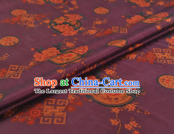 Chinese Purple Gambiered Guangdong Gauze Classical Plum Peony Pattern Silk Fabric Traditional Cheongsam Cloth