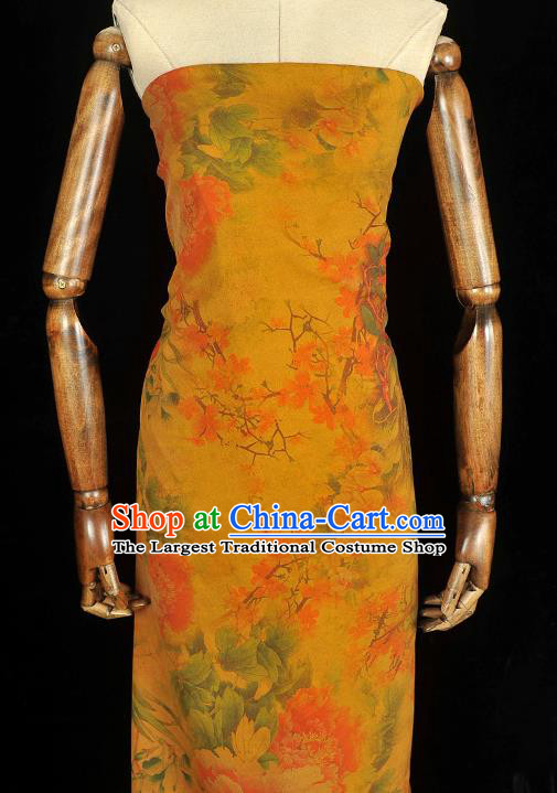 Chinese Traditional Cheongsam Yellow Cloth Silk Fabric Classical Peony Pattern Gambiered Guangdong Gauze