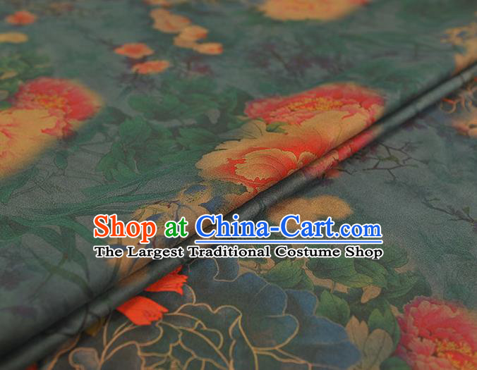 Chinese Dark Blue Silk Fabric Traditional Cheongsam Cloth Classical Peony Pattern Gambiered Guangdong Gauze