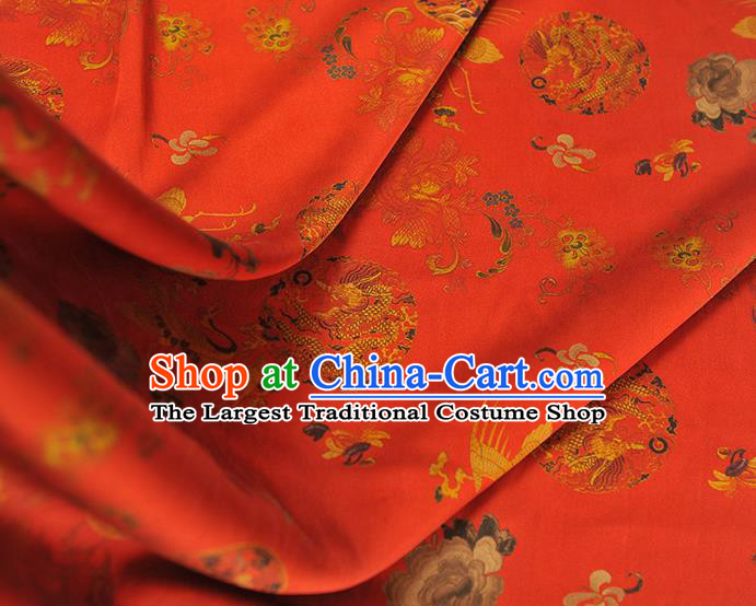 Chinese Red Gambiered Guangdong Gauze Classical Crane Dragon Pattern Silk Fabric Traditional Cheongsam Satin Cloth