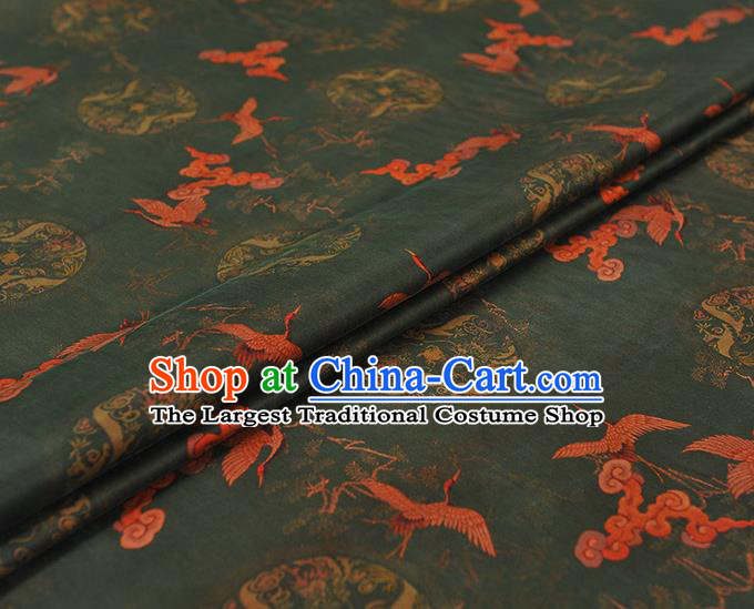 Chinese Deep Green Gambiered Guangdong Gauze Classical Cloud Crane Pattern Silk Fabric Traditional Cheongsam Satin Cloth